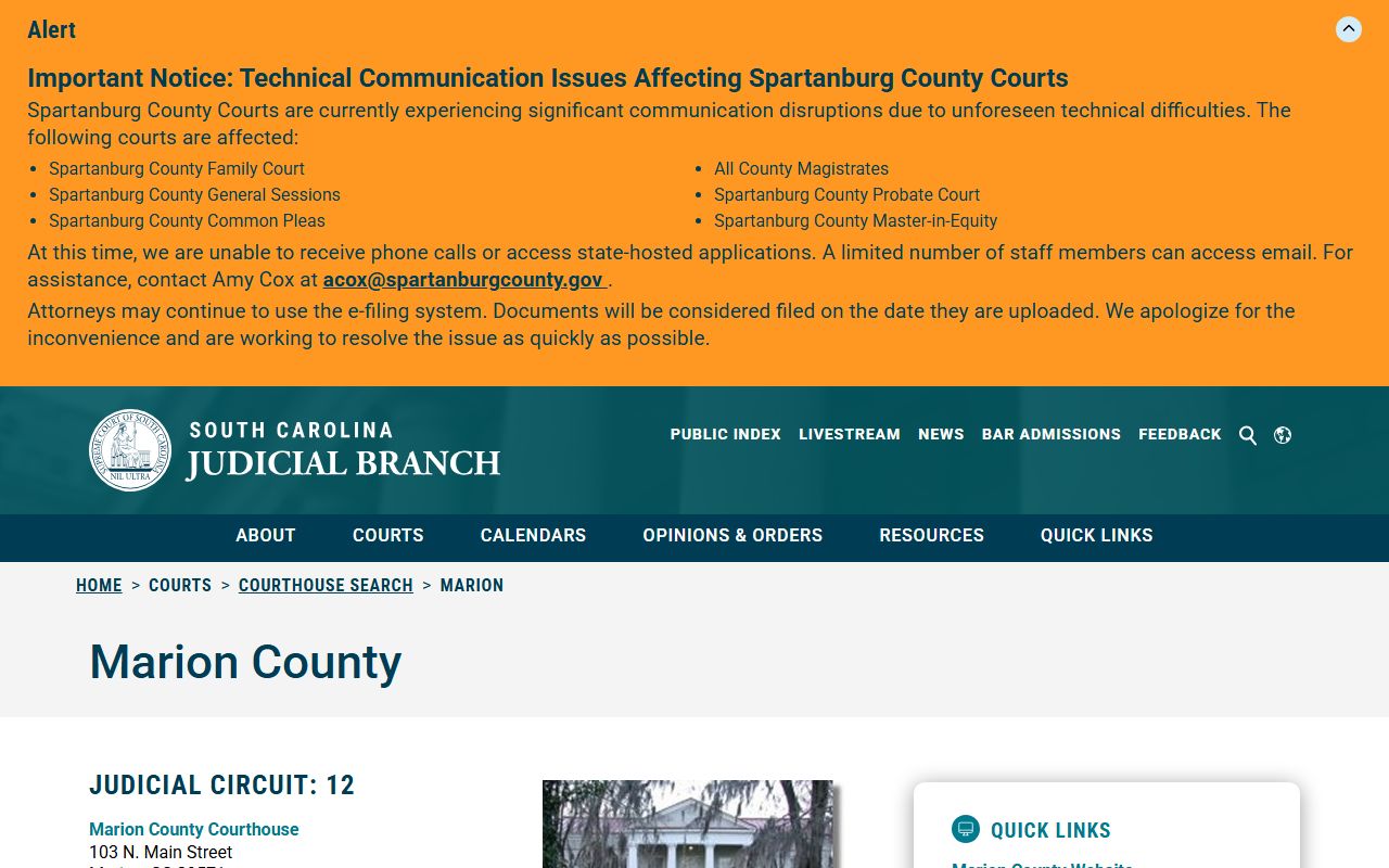 Marion County court records courthouse listing on the South Carolina Judicial Branch site