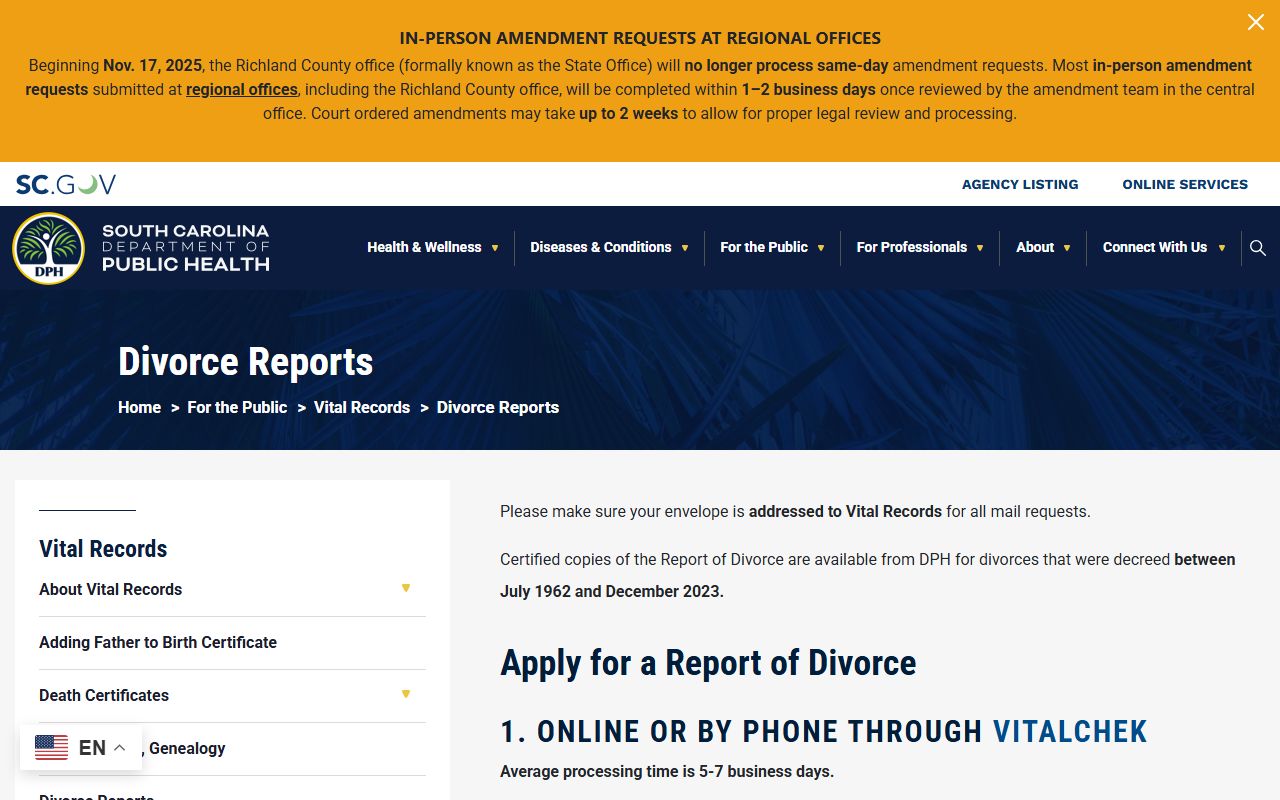 Marion County divorce records South Carolina DPH divorce report access
