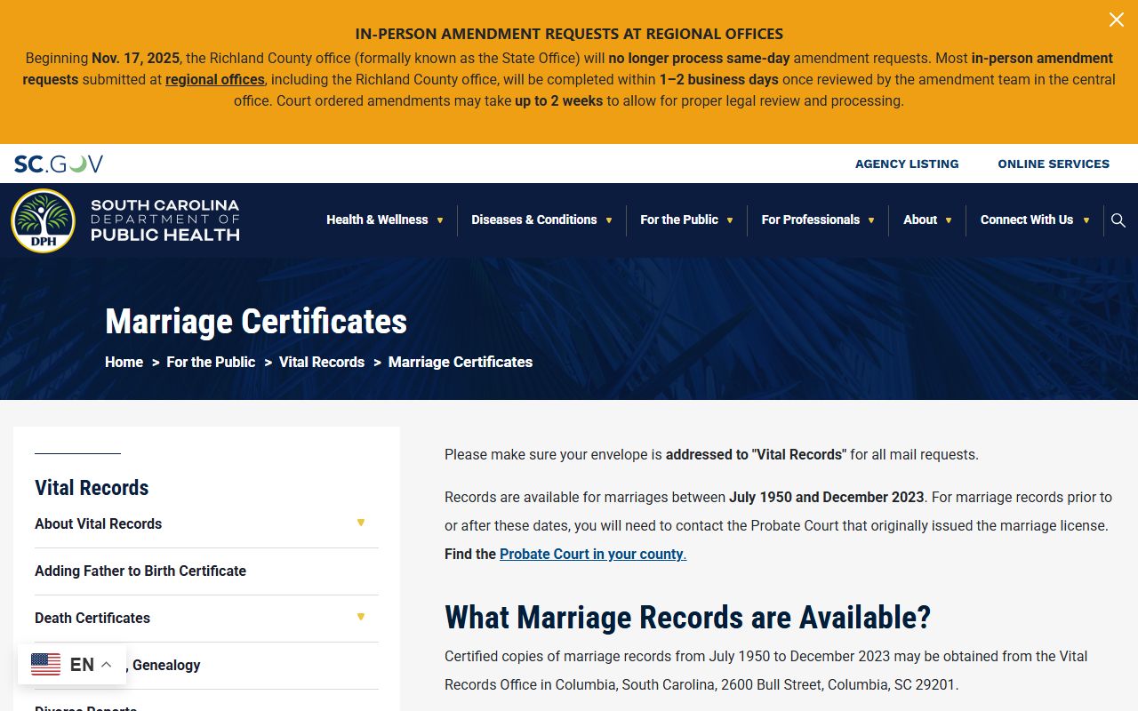 Marion County marriage records South Carolina DPH marriage certificate access